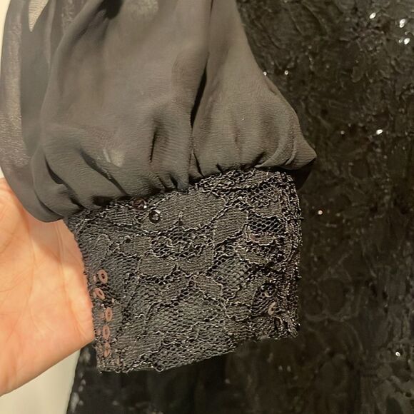 Scarlett- Black Lace Sequined Long Mesh Open Sleeve Cuffed Mini Dress- Size 8 - Picture 8 of 10